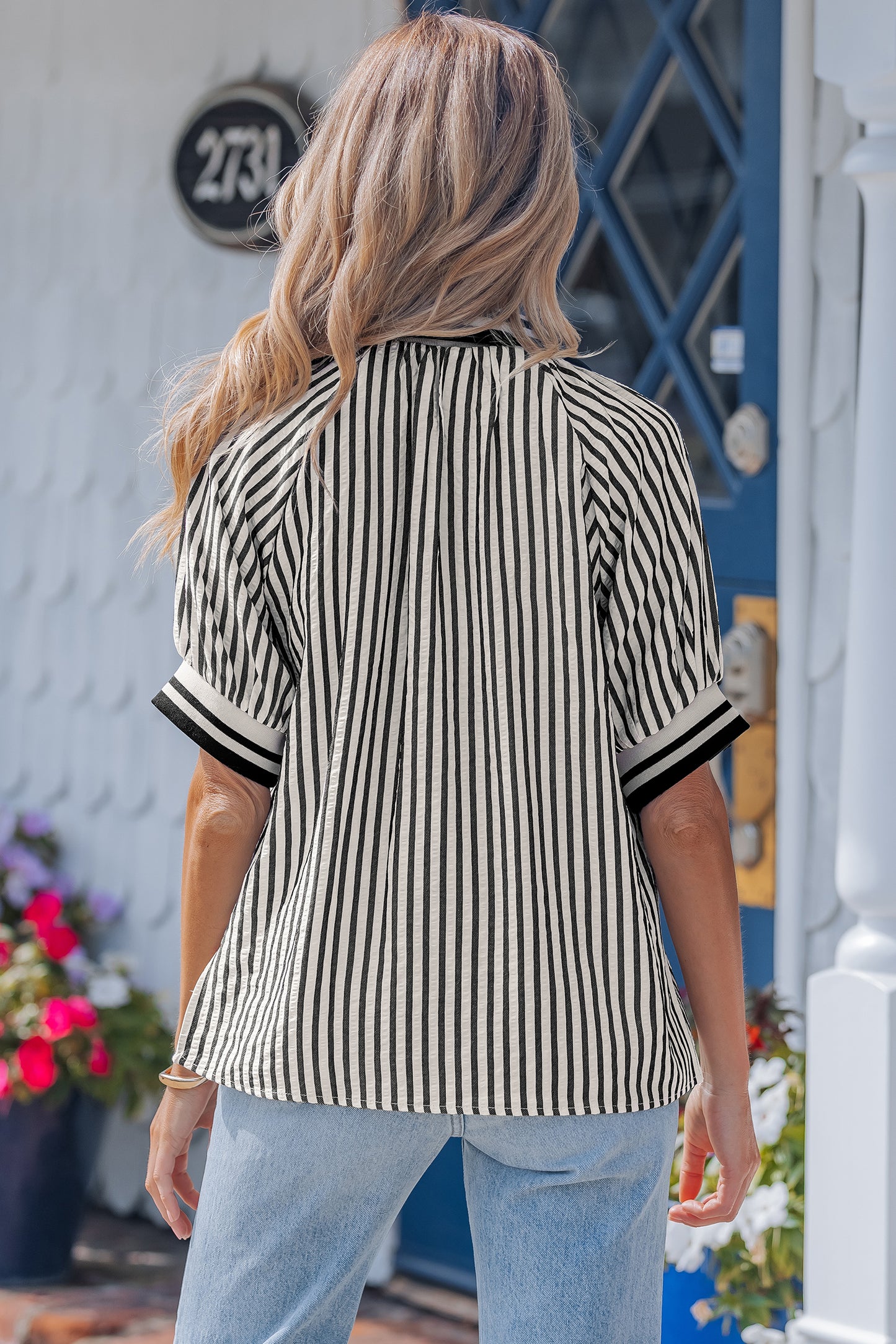 Black Stripe Polo Collar Half Zip Short Puff Sleeve Blouse-Tops/Blouses & Shirts-[Adult]-[Female]-2022 Online Blue Zone Planet