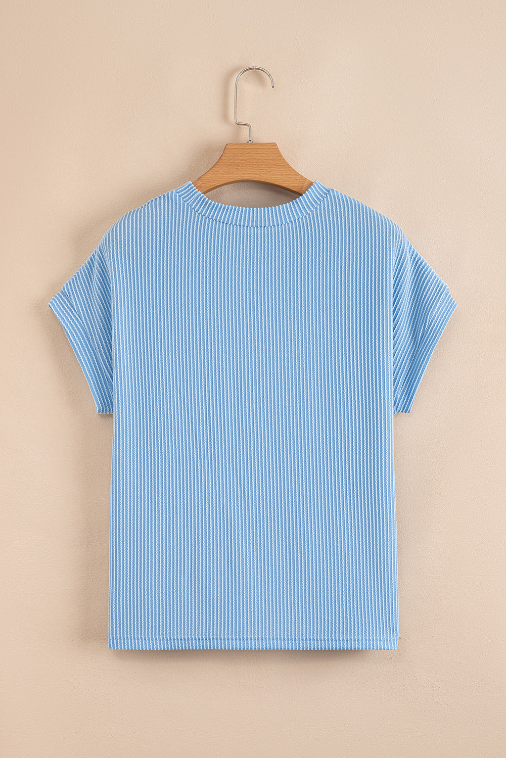 Dark Blue Corded Knit Color Block Pocketed Crew Neck T Shirt-Tops/Tops & Tees-[Adult]-[Female]-2022 Online Blue Zone Planet
