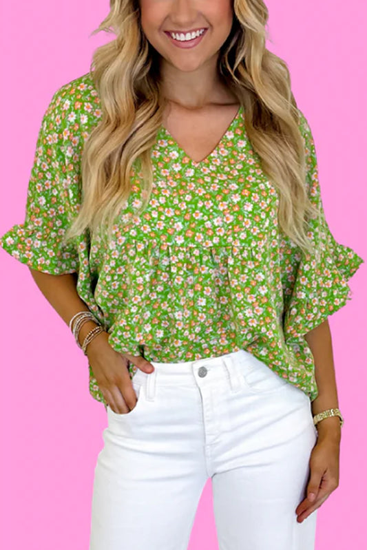 Green Floral Print Ruffle Sleeve V Neck Blouse Top-Tops/Blouses & Shirts-[Adult]-[Female]-Green-S-2022 Online Blue Zone Planet