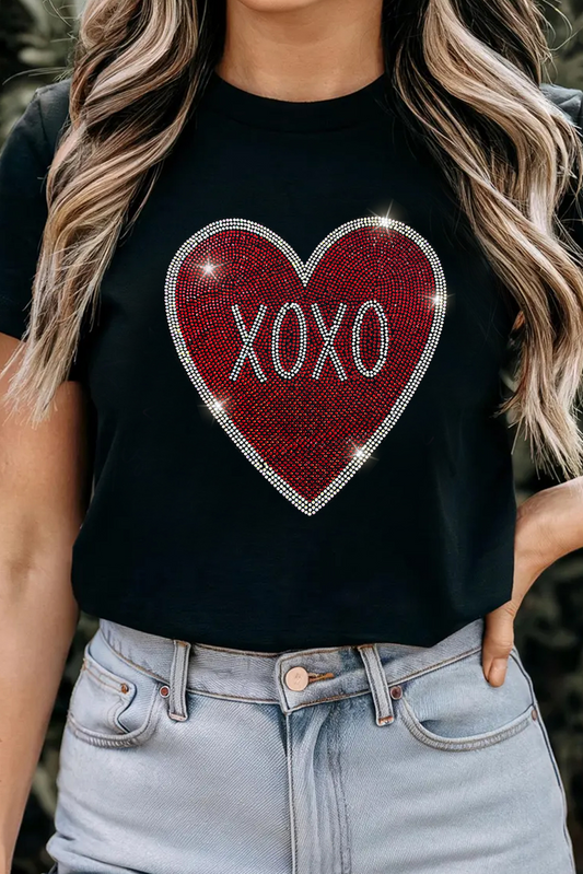 Black Rhinestone Xoxo Heart Graphic Crewneck Tee-Graphic/Graphic Tees-[Adult]-[Female]-Black-S-2022 Online Blue Zone Planet