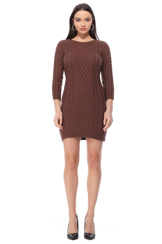 Round Neck Cable Knit Long Sleeve Sweater Dress-[Adult]-[Female]-2022 Online Blue Zone Planet