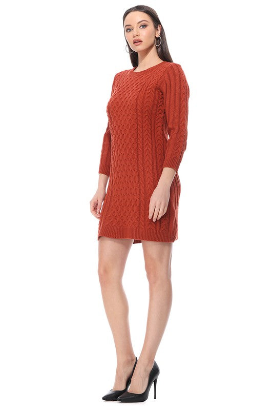 Round Neck Cable Knit Long Sleeve Sweater Dress-[Adult]-[Female]-2022 Online Blue Zone Planet