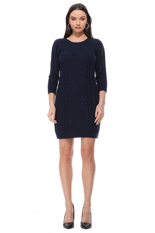 Round Neck Cable Knit Long Sleeve Sweater Dress-[Adult]-[Female]-Navy-S-2022 Online Blue Zone Planet