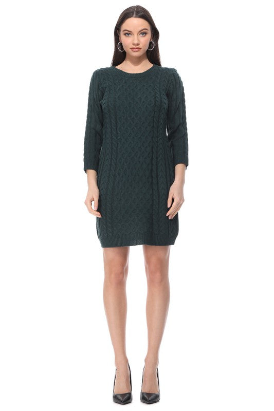 Round Neck Cable Knit Long Sleeve Sweater Dress-[Adult]-[Female]-Peacock-S-2022 Online Blue Zone Planet