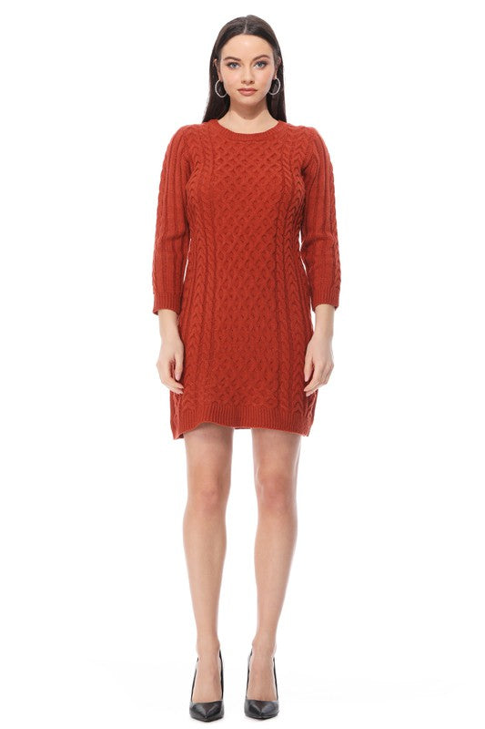 Round Neck Cable Knit Long Sleeve Sweater Dress-[Adult]-[Female]-Dusty Orange-S-2022 Online Blue Zone Planet