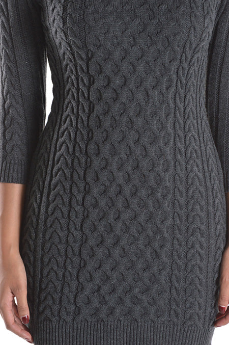 Round Neck Cable Knit Long Sleeve Sweater Dress-[Adult]-[Female]-2022 Online Blue Zone Planet