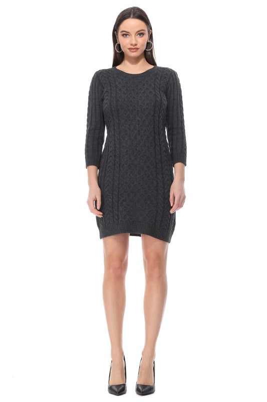 Round Neck Cable Knit Long Sleeve Sweater Dress-[Adult]-[Female]-Heather Charcoal-S-2022 Online Blue Zone Planet