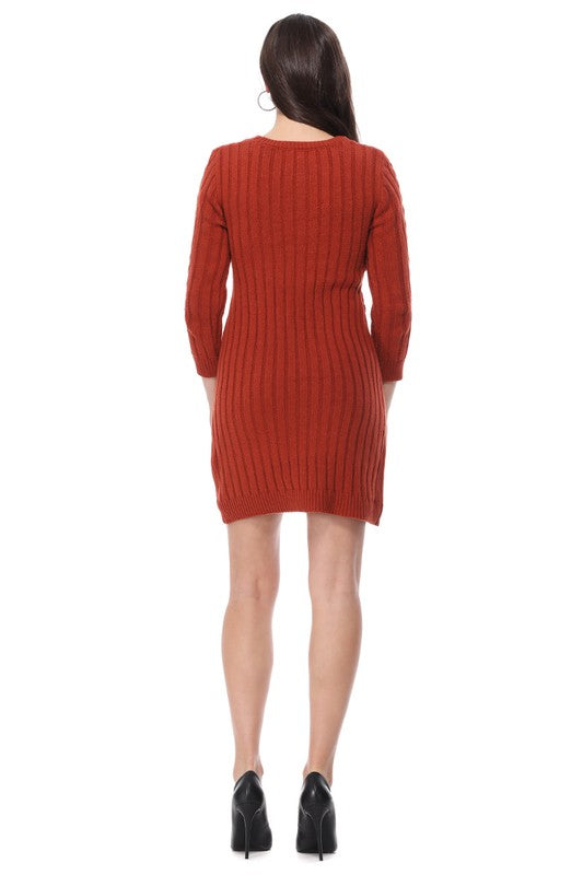 Round Neck Cable Knit Long Sleeve Sweater Dress-[Adult]-[Female]-2022 Online Blue Zone Planet