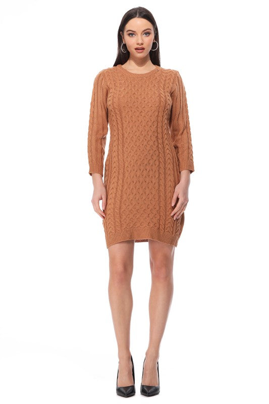 Round Neck Cable Knit Long Sleeve Sweater Dress-[Adult]-[Female]-Camel-S-2022 Online Blue Zone Planet