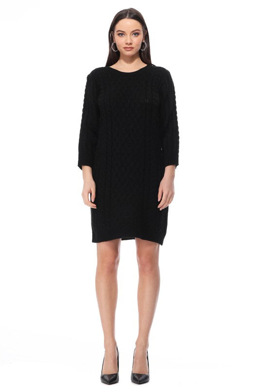 Round Neck Cable Knit Long Sleeve Sweater Dress-[Adult]-[Female]-Black-S-2022 Online Blue Zone Planet