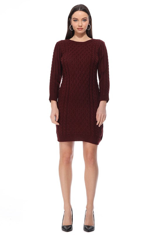 Round Neck Cable Knit Long Sleeve Sweater Dress-[Adult]-[Female]-Burgundy-S-2022 Online Blue Zone Planet