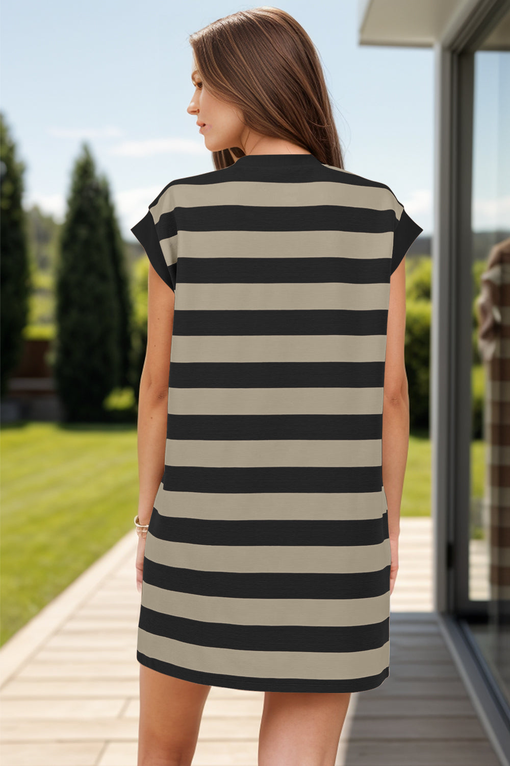 Striped Round Neck Cap Sleeve Mini Dress-TOPS / DRESSES-[Adult]-[Female]-2022 Online Blue Zone Planet