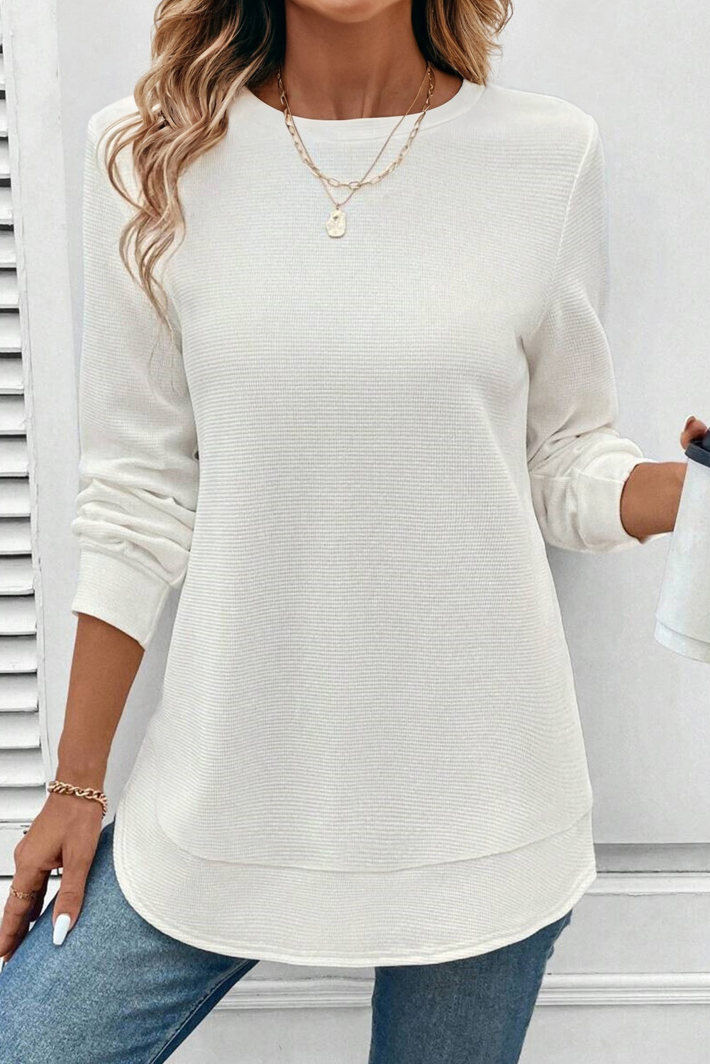 White Rounded Hem Waffle Long Sleeve Top-Tops/Long Sleeve Tops-[Adult]-[Female]-2022 Online Blue Zone Planet