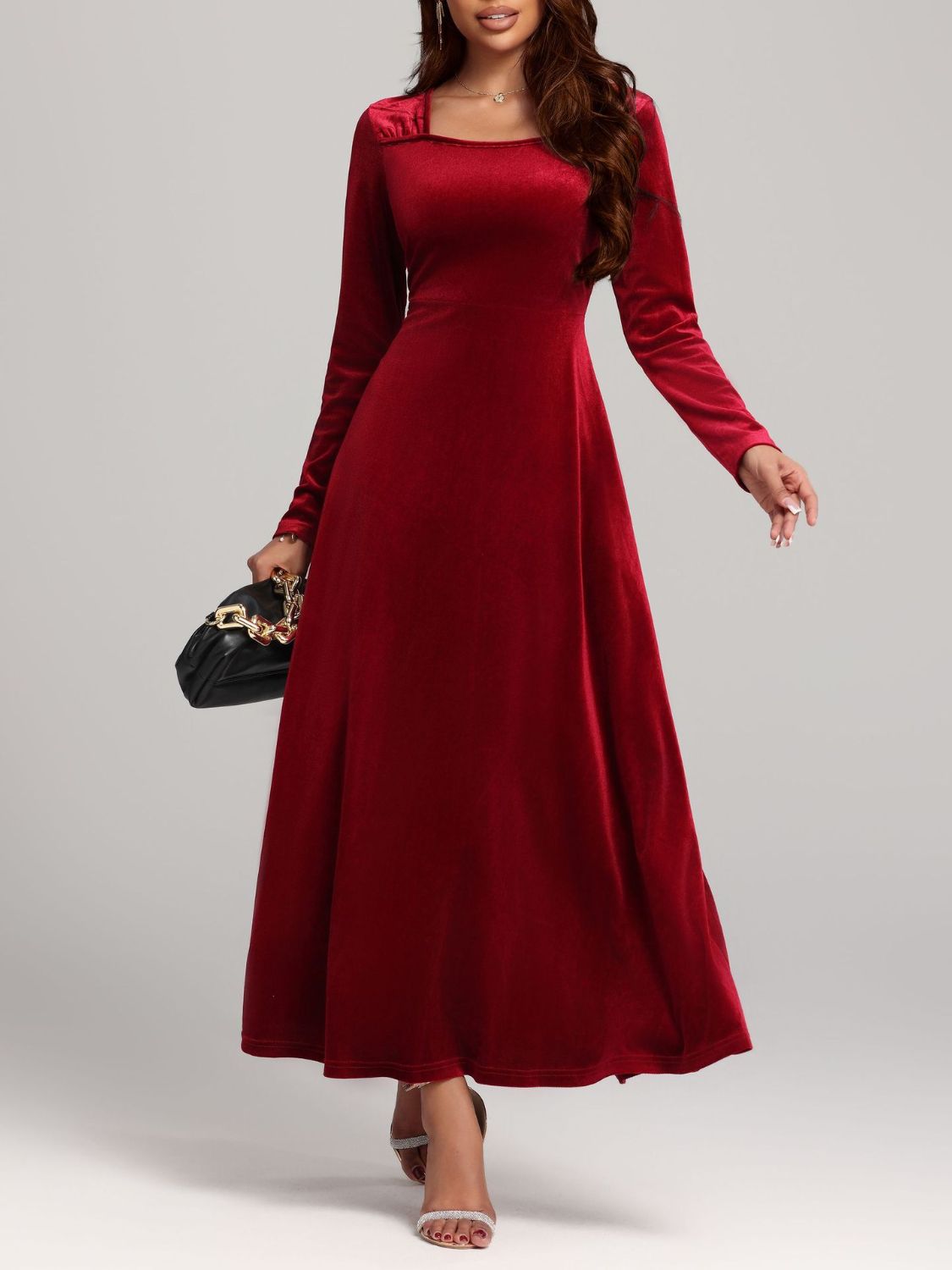 Blue Zone Planet | Square Neck Long Sleeve Velvet Dress-TOPS / DRESSES-[Adult]-[Female]-2022 Online Blue Zone Planet