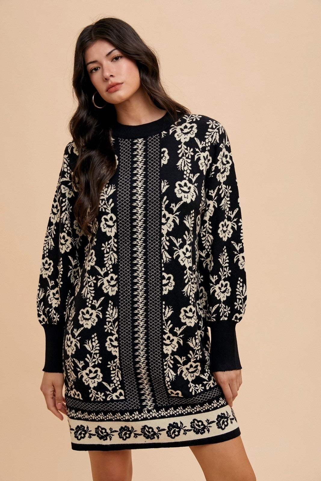 Blue Zone Planet | Annie Wear Floral Jacquard Round Neck Sweater Dress-TOPS / DRESSES-[Adult]-[Female]-Black/Oatmeal-S-2022 Online Blue Zone Planet