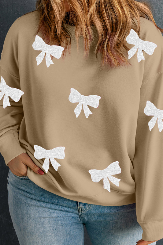 Apricot Bow Pattern Drop Shoulder Plus Size Sweatshirt-Graphic/Graphic Plus Size-[Adult]-[Female]-Apricot-1X-2022 Online Blue Zone Planet
