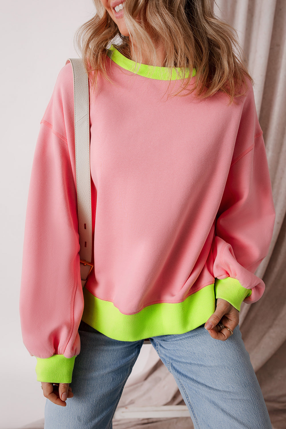 Blue Colorblock Bubble Sleeve Sweatshirt-Tops/Sweatshirts & Hoodies-[Adult]-[Female]-Pink-S-2022 Online Blue Zone Planet