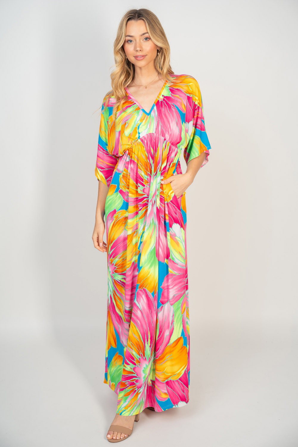 White Birch Printed V-Neck Maxi Dress with Pockets-[Adult]-[Female]-Multi-S-2022 Online Blue Zone Planet