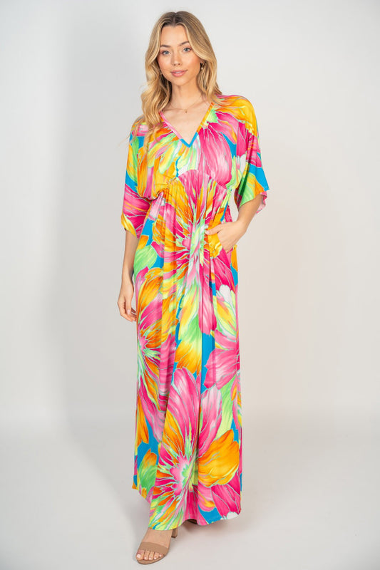White Birch Printed V-Neck Maxi Dress with Pockets-[Adult]-[Female]-Multi-S-2022 Online Blue Zone Planet