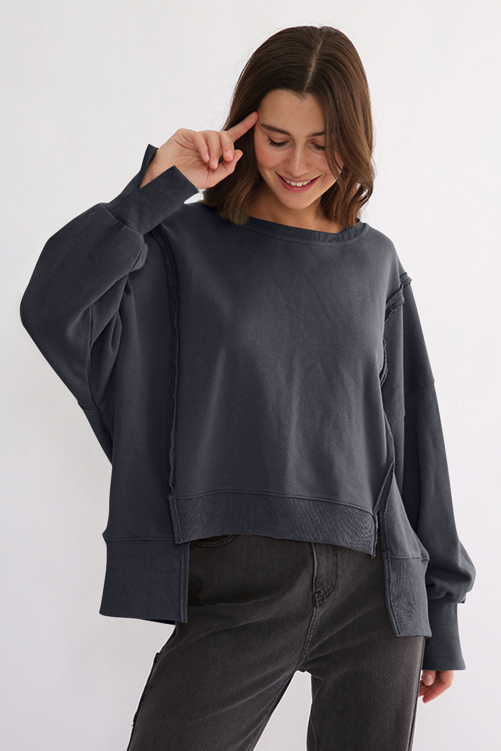 Exposed Seam High-Low Long Sleeve Sweatshirt-TOPS / DRESSES-[Adult]-[Female]-Dark Gray-One Size-2022 Online Blue Zone Planet