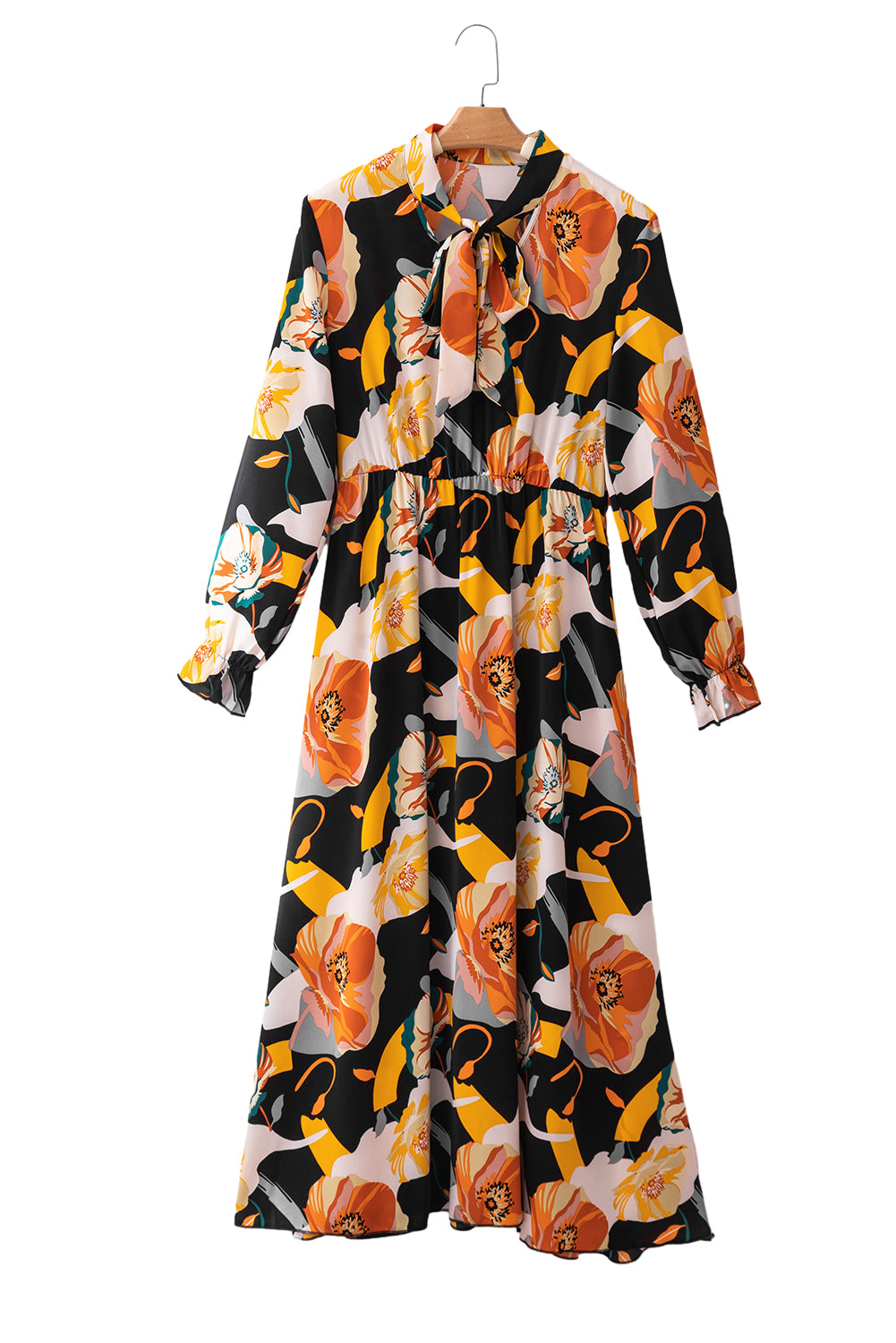 Blue Zone Planet | Orange Floral Print Tie Neck Long Sleeve Dress-TOPS / DRESSES-[Adult]-[Female]-2022 Online Blue Zone Planet