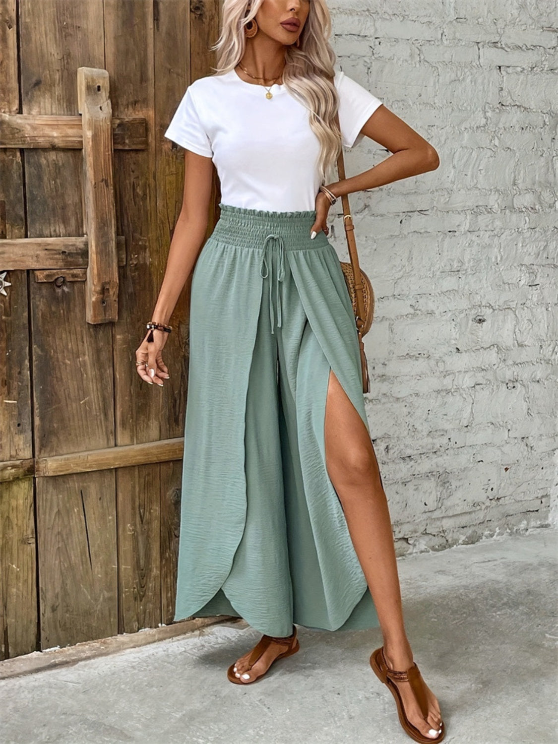 Tied High Waist Wide Leg Pants-BOTTOMS SIZES SMALL MEDIUM LARGE-[Adult]-[Female]-2022 Online Blue Zone Planet