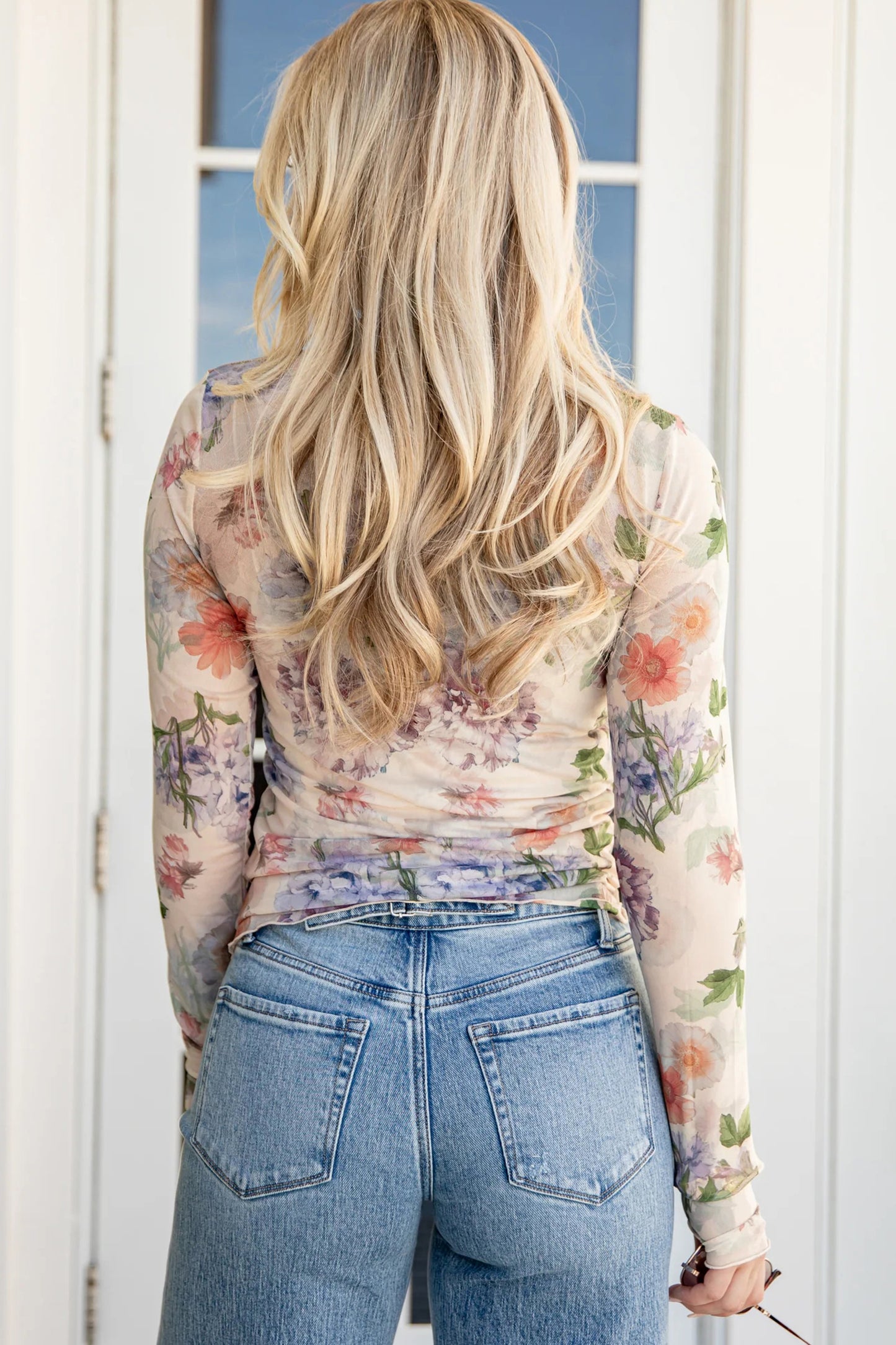 Apricot Floral Print Mock Neck Thumbhole Long Sleeve Top-Tops/Long Sleeve Tops-[Adult]-[Female]-2022 Online Blue Zone Planet
