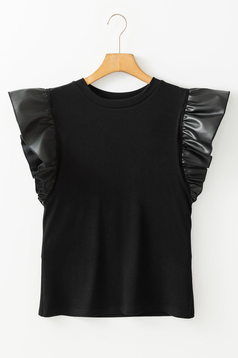 Black Leather Ruffle Sleeve Patchwork Round Neck Blouse-Tops/Blouses & Shirts-[Adult]-[Female]-2022 Online Blue Zone Planet