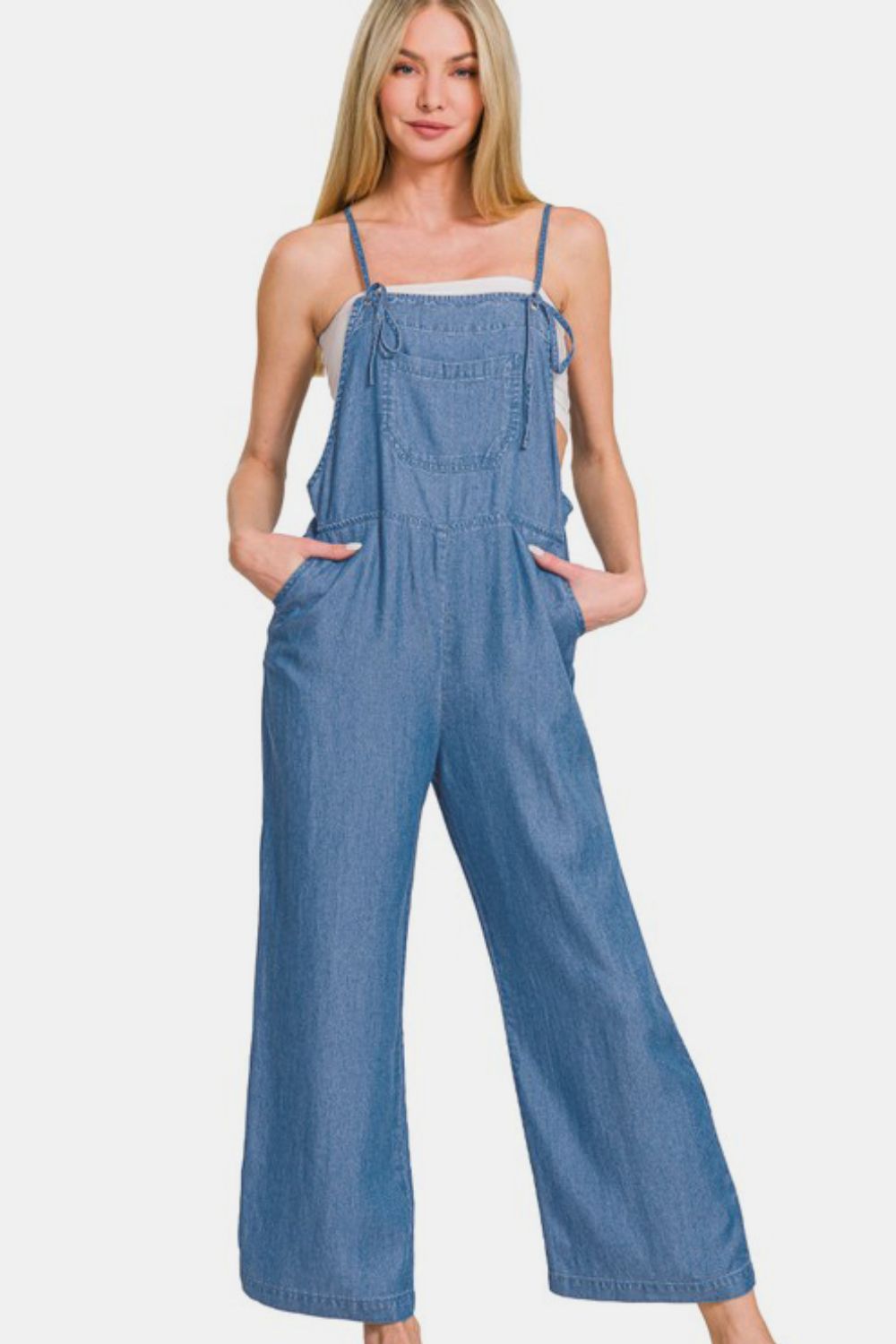 Zenana Washed Adjustable Strap Wide Leg Denim Overalls-TOPS / DRESSES-[Adult]-[Female]-Dusty Blue-S-2022 Online Blue Zone Planet