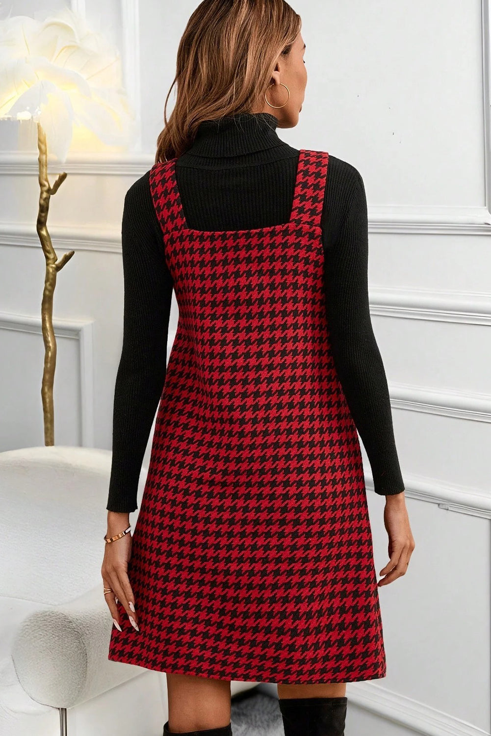 Red Houndstooth Print V Neck Sleeveless Mini Dress-Dresses/Mini Dresses-[Adult]-[Female]-2022 Online Blue Zone Planet