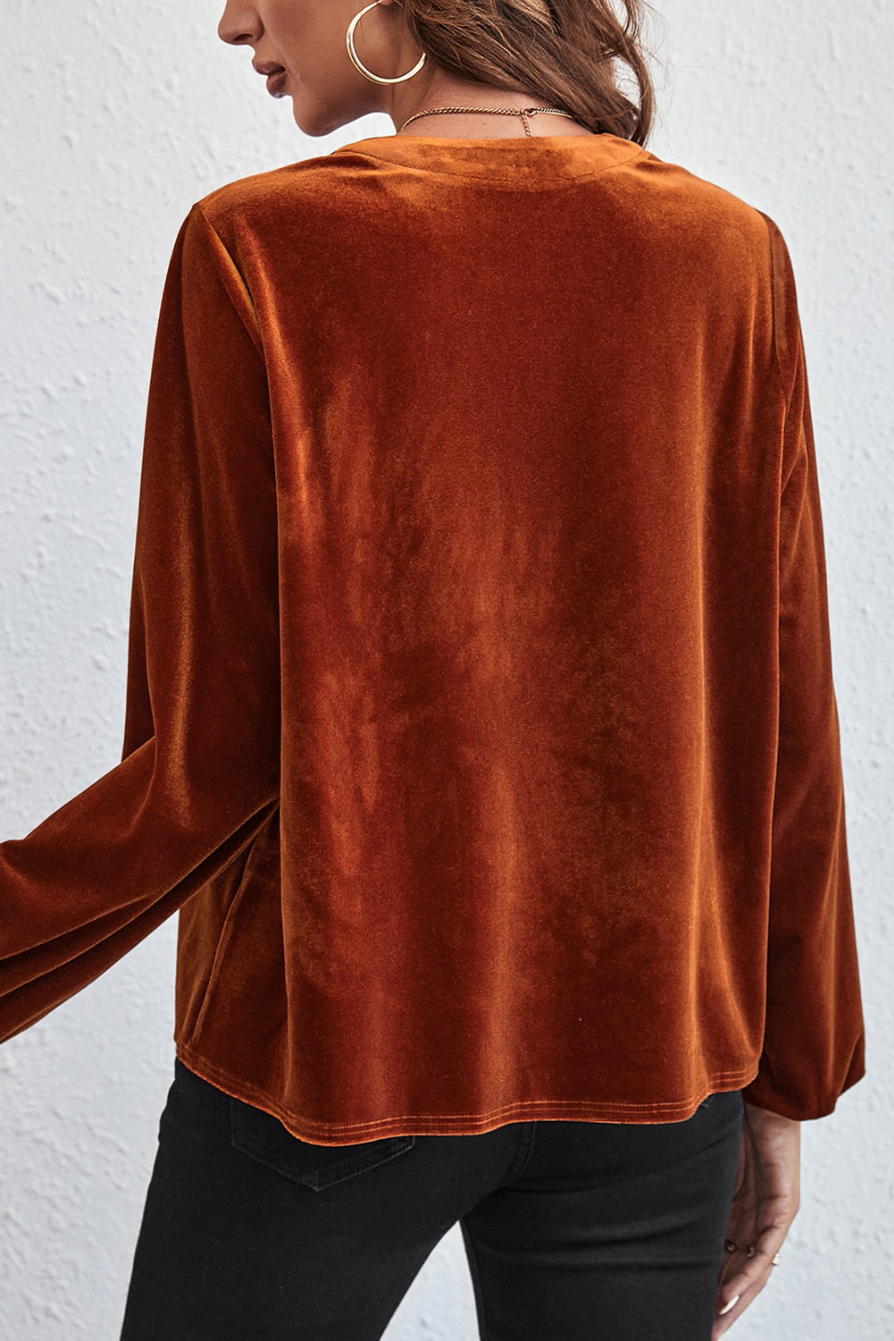 Gold Flame Lantern Sleeve Beaded Split V Neck Velvet Top-Tops/Blouses & Shirts-[Adult]-[Female]-2022 Online Blue Zone Planet