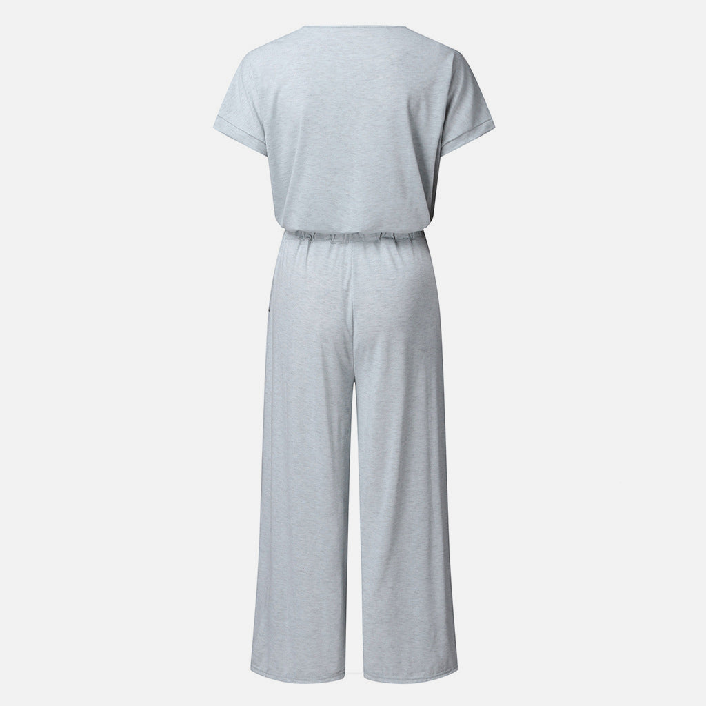 Blue Zone Planet | V-Neck Short Sleeve Jumpsuit-TOPS / DRESSES-[Adult]-[Female]-2022 Online Blue Zone Planet