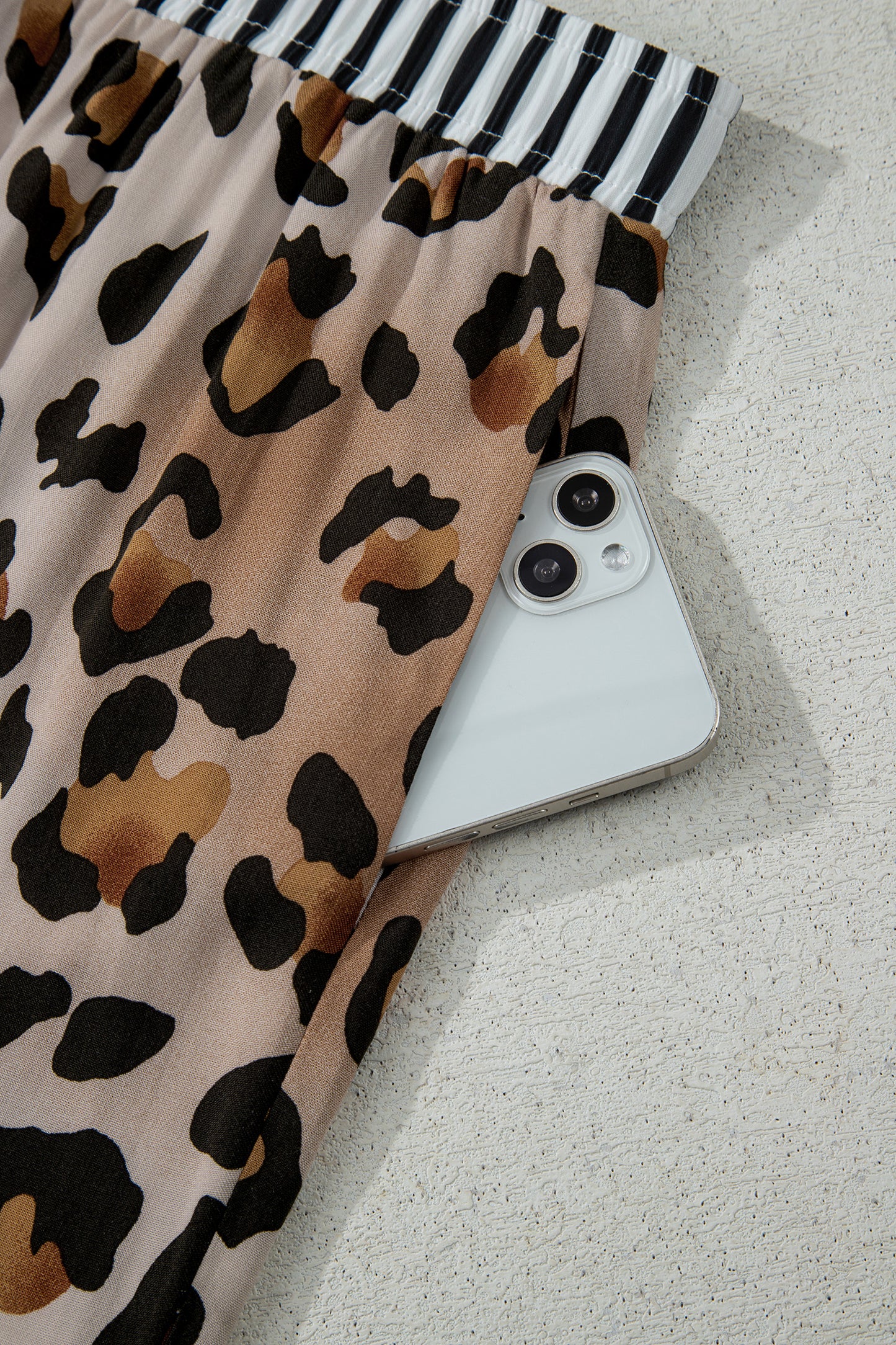 Khaki Plus Leopard Print Contrast Piping Striped Patchwork 2pcs Long Pajama Set-Plus Size/Plus Size Loungewear-[Adult]-[Female]-2022 Online Blue Zone Planet