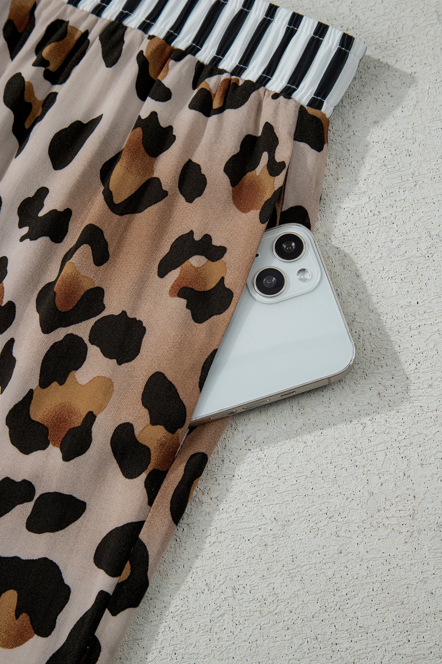 Khaki Plus Leopard Print Contrast Piping Striped Patchwork 2pcs Long Pajama Set-Plus Size/Plus Size Loungewear-[Adult]-[Female]-2022 Online Blue Zone Planet