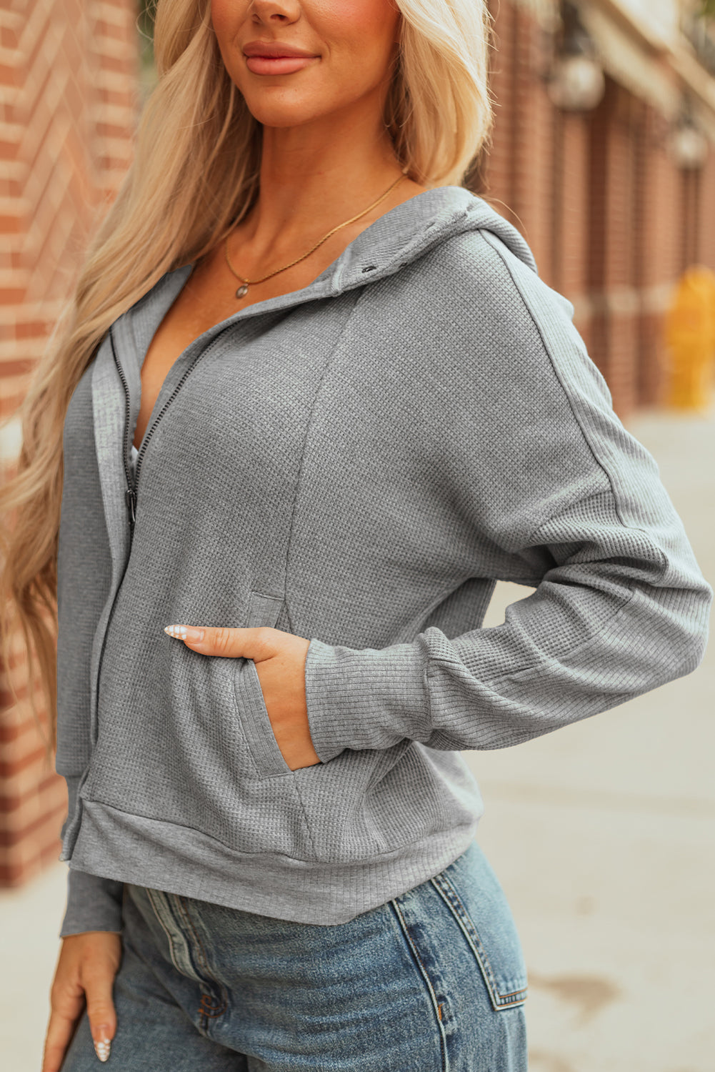 Gray Waffle Splicing Zip Up Front Button Hooded Jacket-Tops / Dresses-[Adult]-[Female]-2022 Online Blue Zone Planet