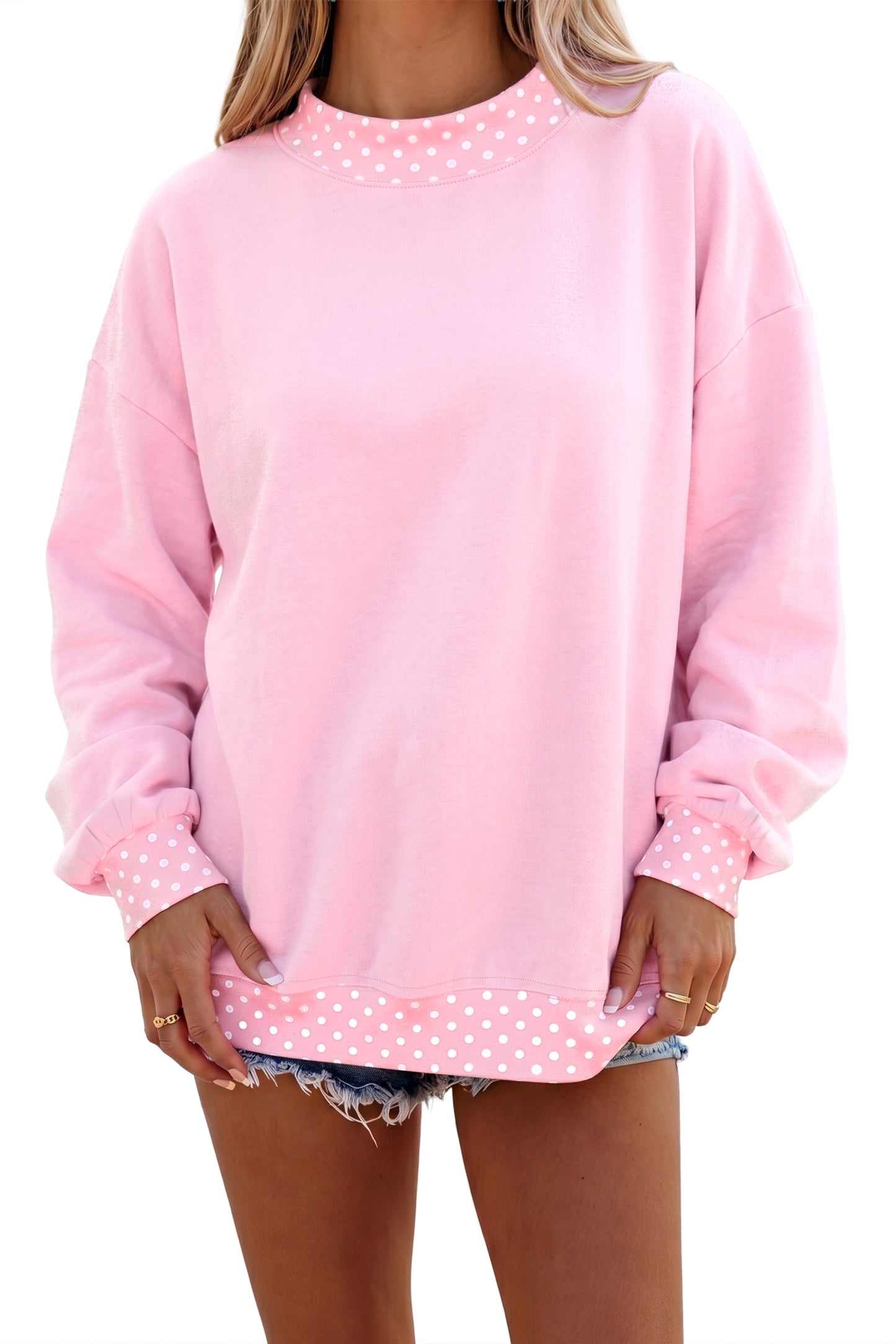 Dirty blue Colorblock Polka Dot Contrast Trim Oversized Sweatshirt-Tops/Sweatshirts & Hoodies-[Adult]-[Female]-2022 Online Blue Zone Planet