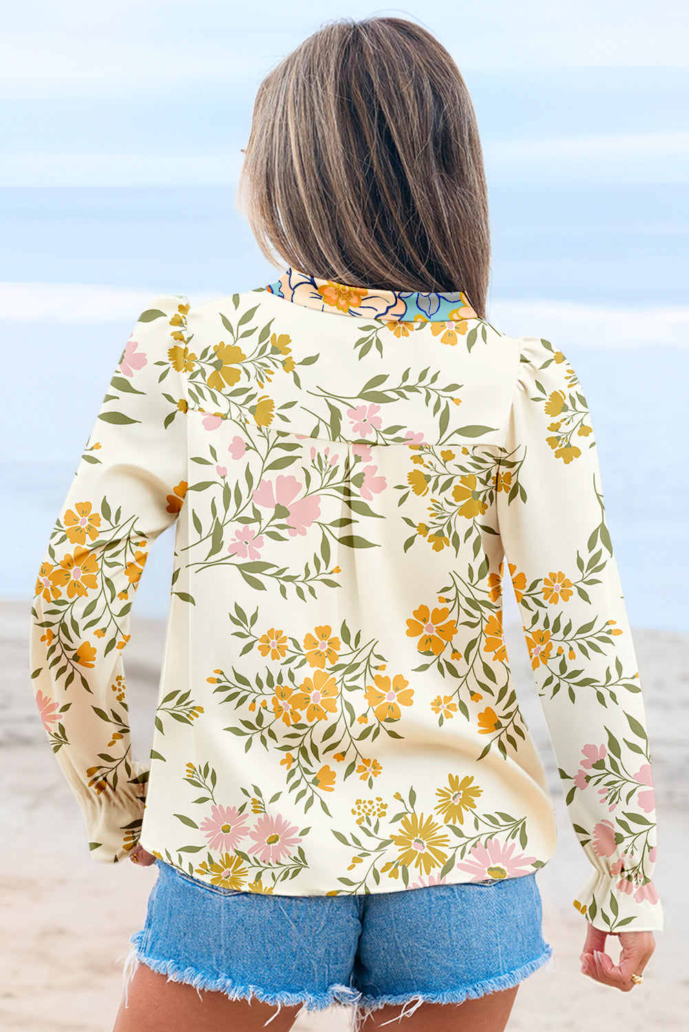 Sky Blue Floral Print Ruffled Long Sleeve Crochet Trim V Neck Blouse-Tops/Blouses & Shirts-[Adult]-[Female]-2022 Online Blue Zone Planet