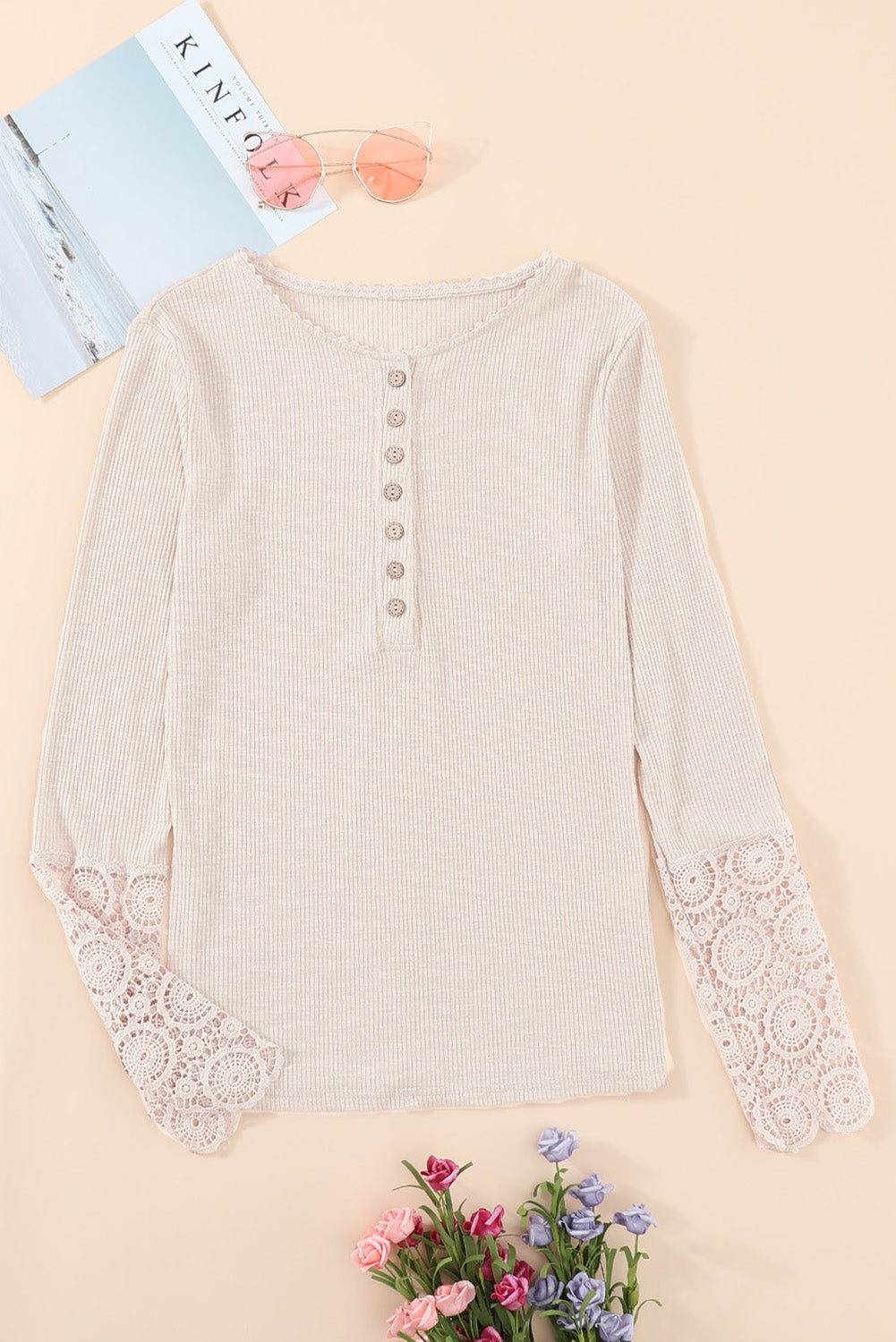 Beige Crochet Lace Hem Sleeve Button Top-Tops/Long Sleeve Tops-[Adult]-[Female]-2022 Online Blue Zone Planet