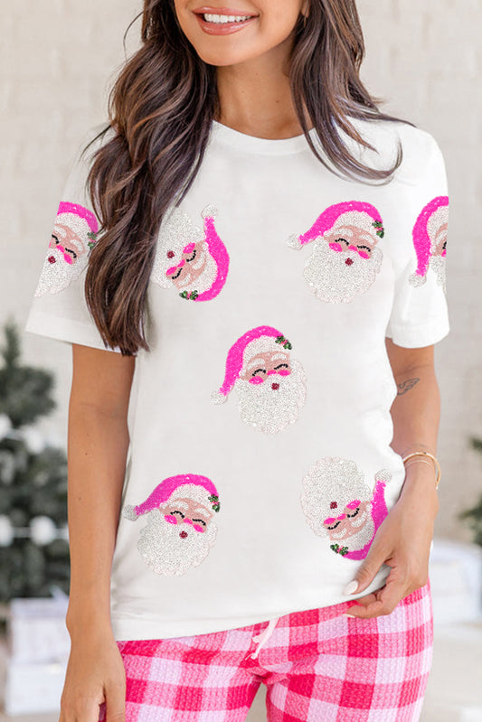 Blue Zone Planet | White Sequin Santa Clause Pattern Funny Christmas T Shirt-Graphic/Graphic Tees-[Adult]-[Female]-White-S-2022 Online Blue Zone Planet