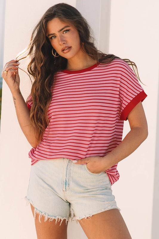 Pink Stripe Knitted Round Neck T Shirt-Tops/Tops & Tees-[Adult]-[Female]-Pink Stripe-S-2022 Online Blue Zone Planet
