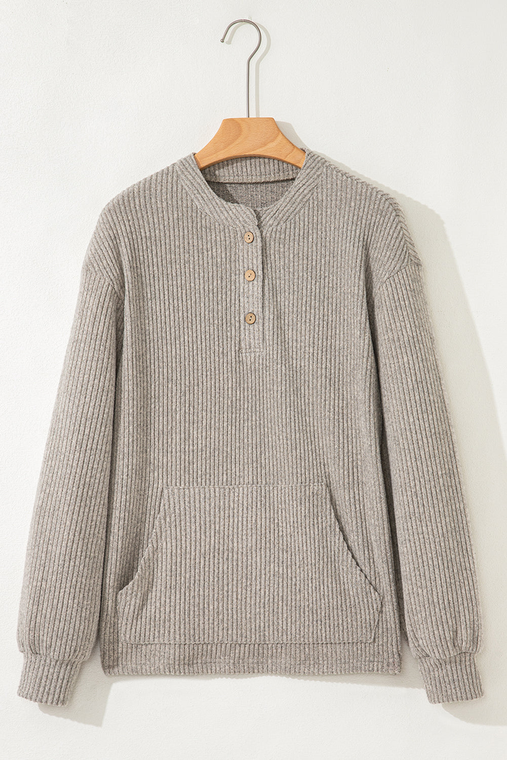Simply Taupe Ribbed Texture Drop Shoulder Henley Knit Top-Tops/Long Sleeve Tops-[Adult]-[Female]-2022 Online Blue Zone Planet