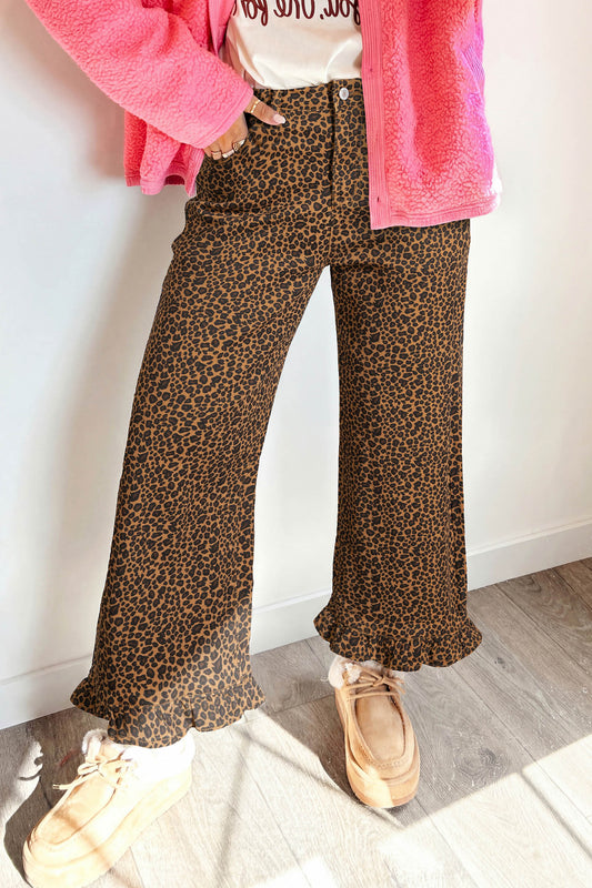 Brown Leopard Print Ruffled Hem Shift Jeans-Bottoms/Jeans-[Adult]-[Female]-2022 Online Blue Zone Planet