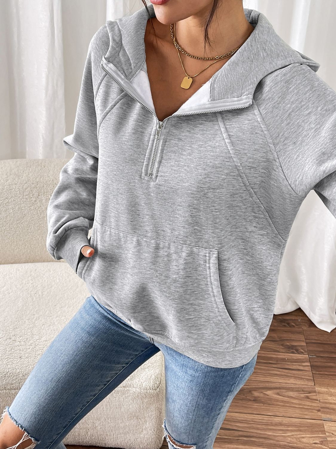 Perfee Half Zip Long Sleeve Hoodie-TOPS / DRESSES-[Adult]-[Female]-2022 Online Blue Zone Planet