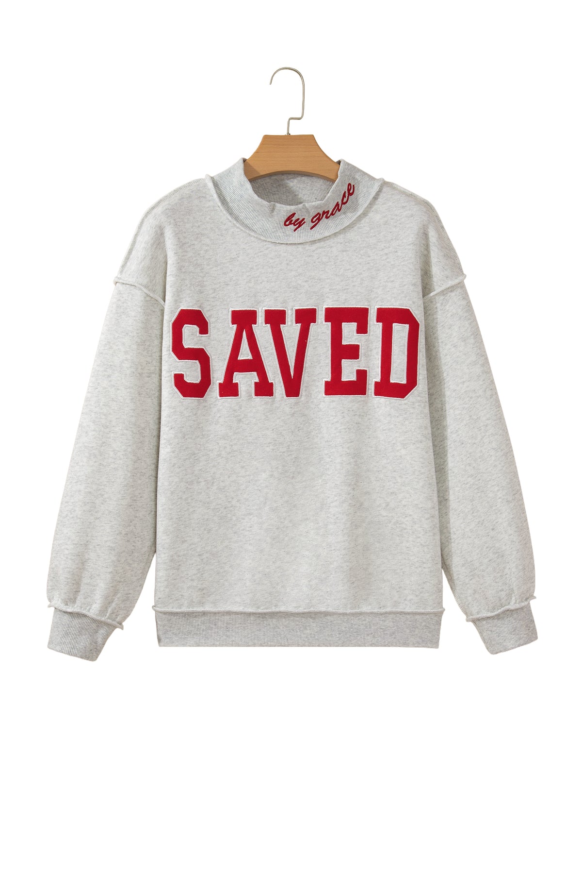 Gray Saved By Grace Embroidered Detail Letter Graphic High Neck Sweatshirt-Tops/Sweatshirts & Hoodies-[Adult]-[Female]-2022 Online Blue Zone Planet