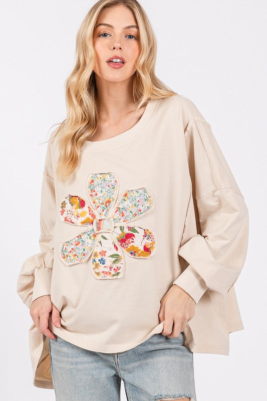 Blue Zone Planet | SAGE + FIG Flower Patch Dropped Shoulder Oversize Top-TOPS / DRESSES-[Adult]-[Female]-Oatmeal-S-2022 Online Blue Zone Planet