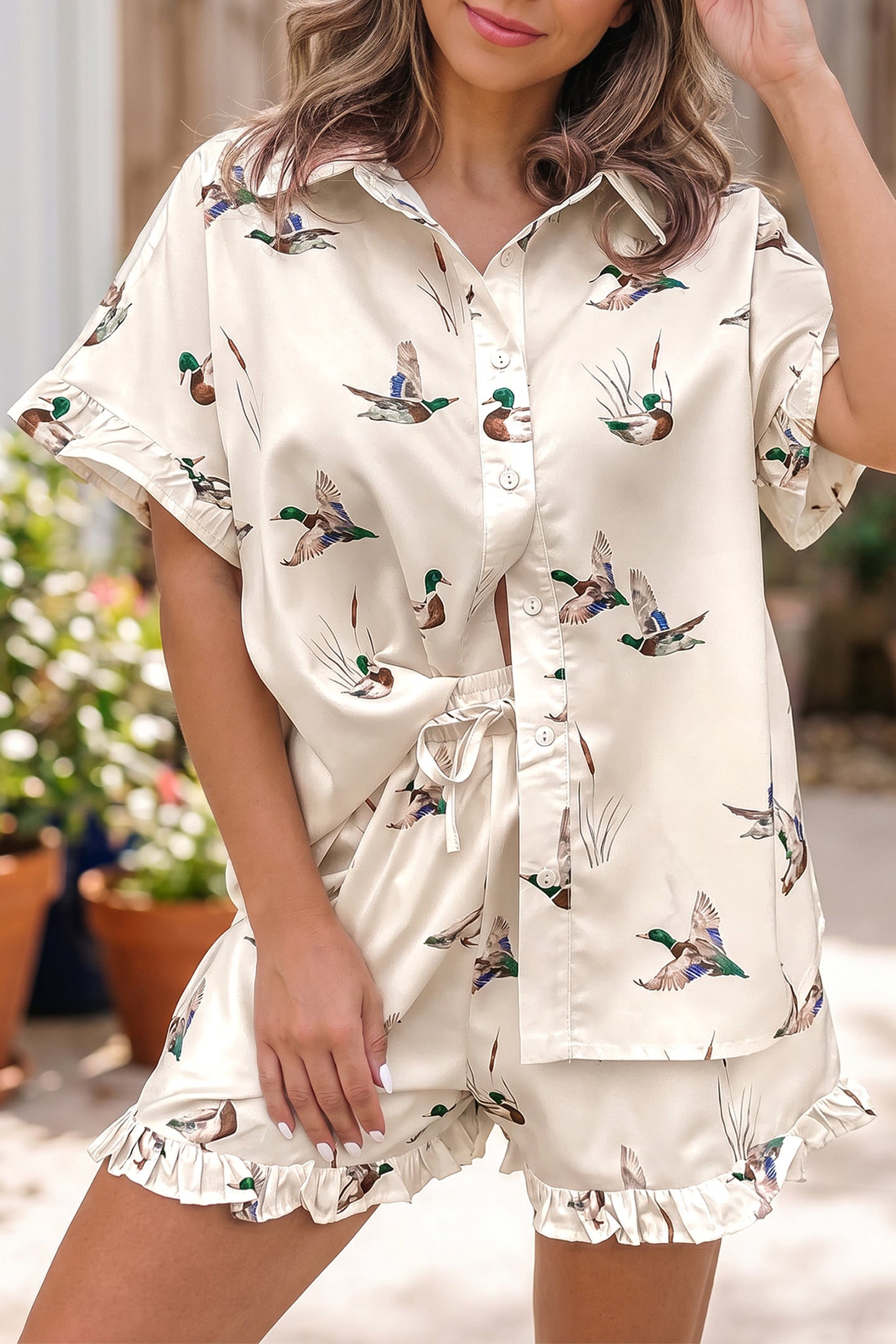 Beige Mallard Print Shirt Style Short Two Piece Set-Two Piece Sets/Short Sets-[Adult]-[Female]-Beige-S-2022 Online Blue Zone Planet