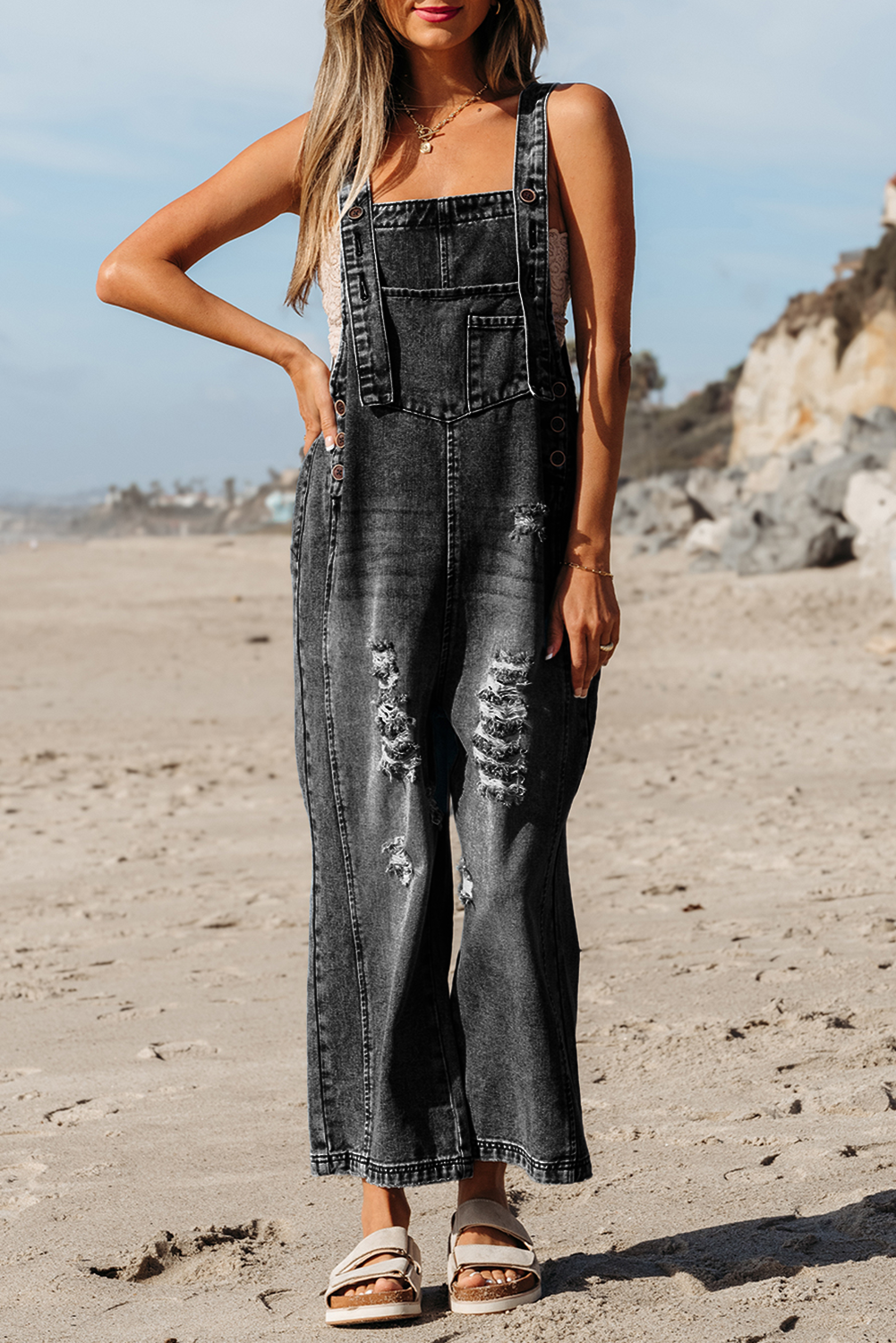 Blue Zone Planet | Stone Blue Distressed Bib Pocket Wide Leg Denim Overall-Bottoms/Jumpsuits & Rompers-[Adult]-[Female]-2022 Online Blue Zone Planet