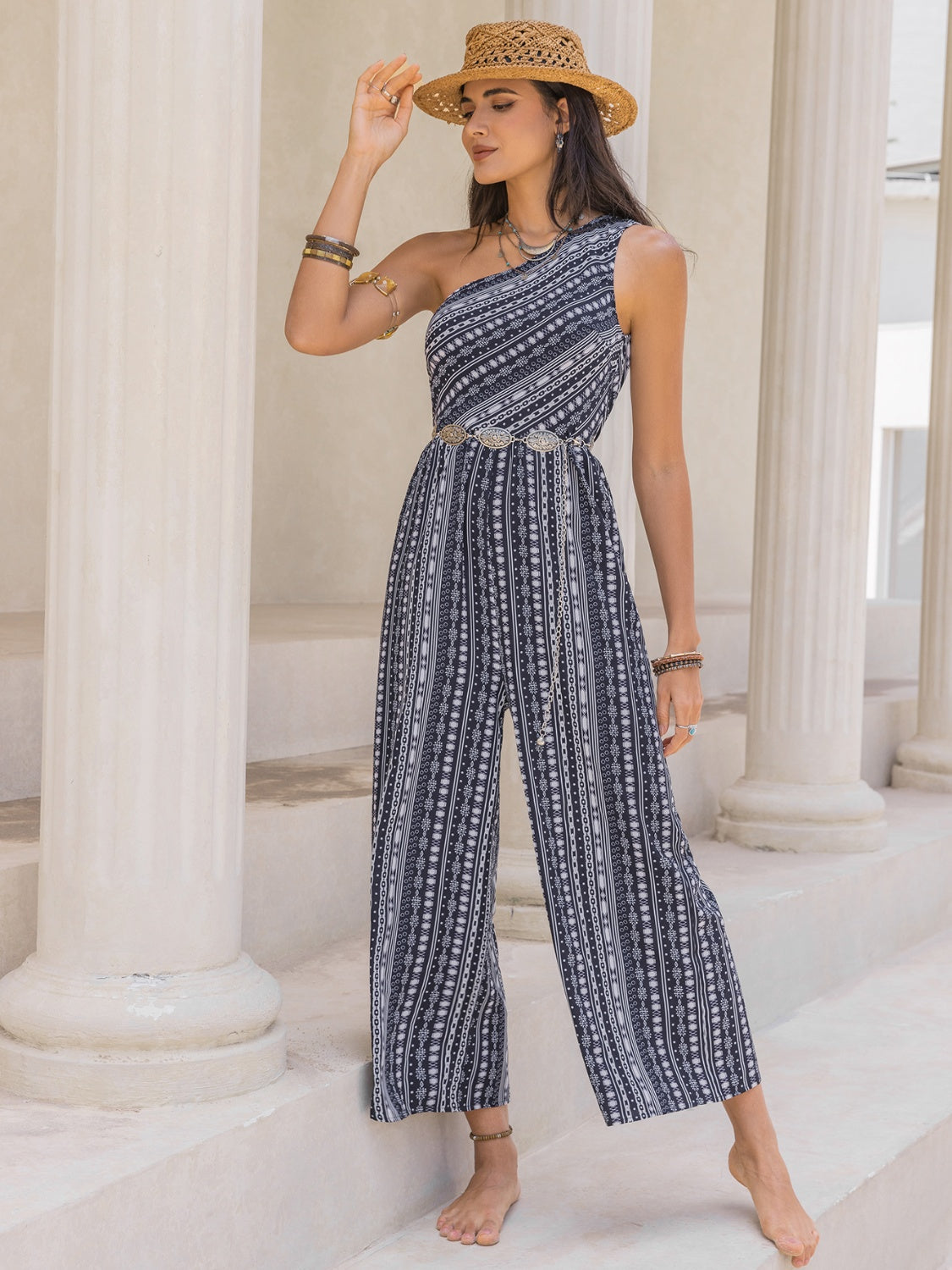 Printed Single Shoulder Sleeveless Jumpsuit-TOPS / DRESSES-[Adult]-[Female]-2022 Online Blue Zone Planet