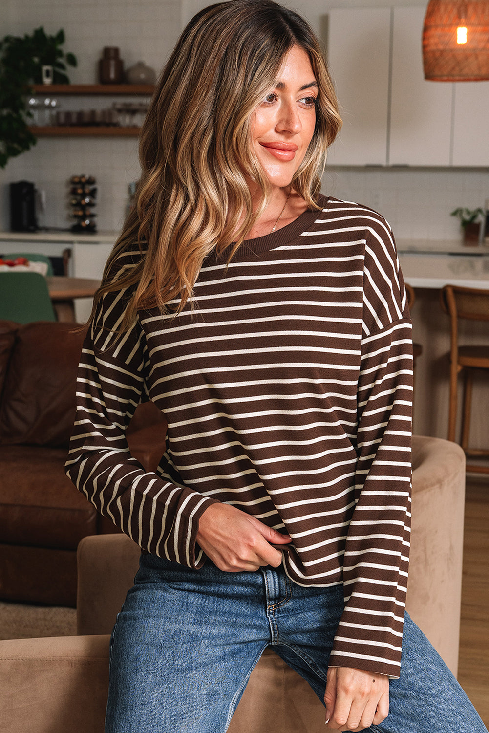Brown Stripe Ribbed Cropped Crew Neck Long Sleeve T Shirt-Tops/Long Sleeve Tops-[Adult]-[Female]-2022 Online Blue Zone Planet