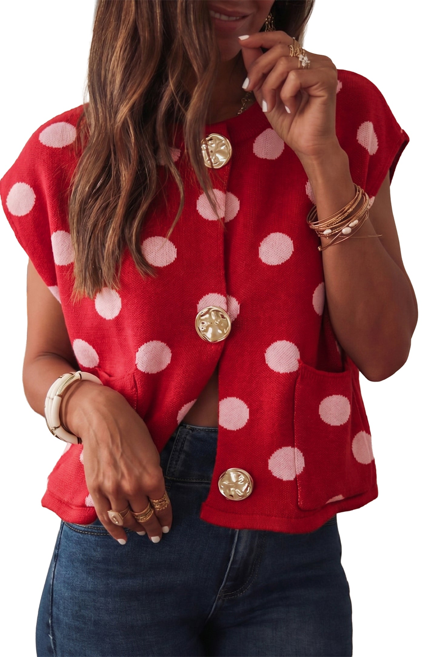Red Polka Dot Sleeveless Knit Button Drop Shoulder Sweater Vest